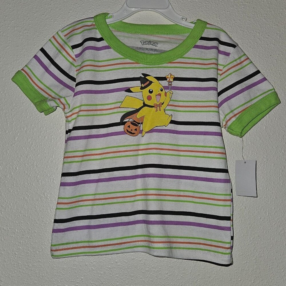 NWT Pokemon Pikachu Halloween Shirt Girls Medium 8 Green Purple Black Stripes